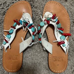 Leather Greek Sandals- white leather w charms- size 37